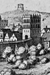 Wyższa Brama-fragm. Panoramy Miasta, miedzioryt M.Meriana z 1650 r. ze zbiorów <a href='http://www.muzeum-cieszyn.ox.pl/' target=_blank>MSC</a>, fot. D. Dubiel